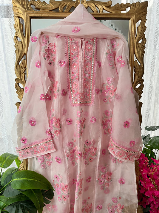 Pink Pure Organza Silk Kurta Set with Multi Colour Chikankari and Embellishments