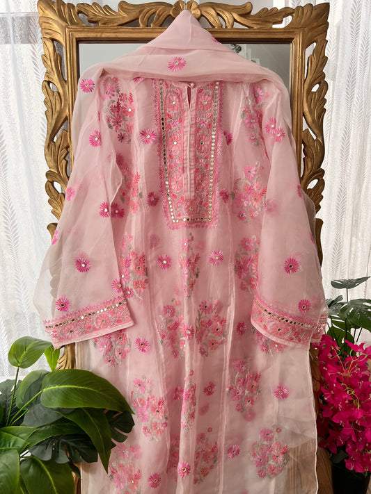 Pink Pure Organza Silk Kurta Set with Multi Colour Chikankari and Embellishments