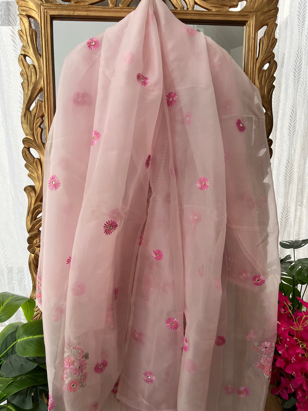 Pink Pure Organza Silk Kurta Set with Multi Colour Chikankari and Embellishments