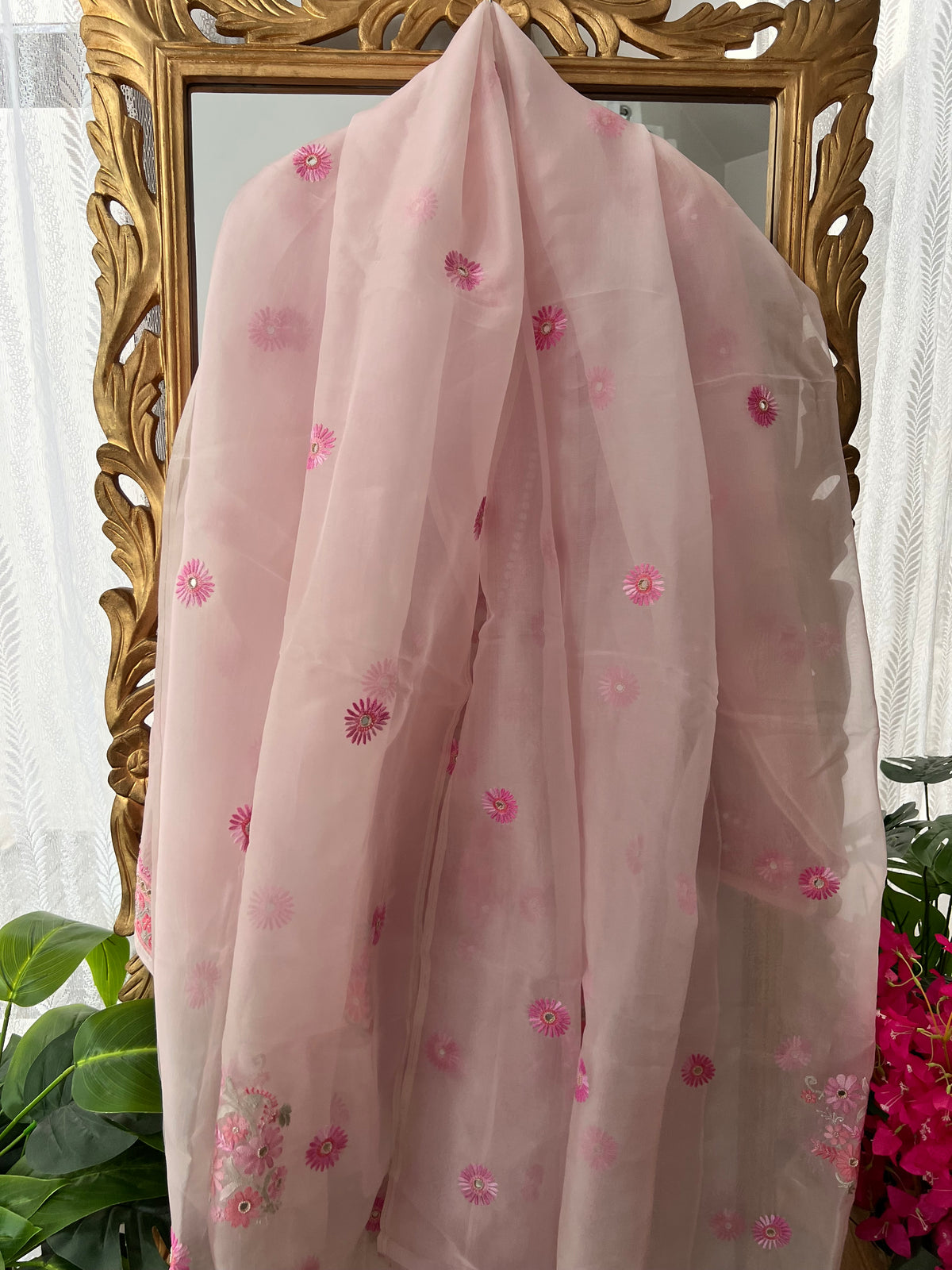 Pink Pure Organza Silk Kurta Set with Multi Colour Chikankari and Embellishments