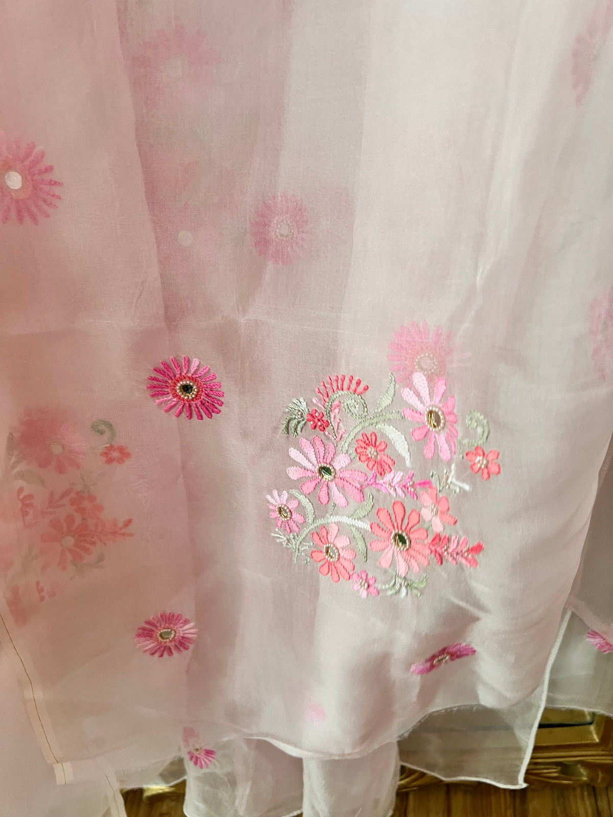 Pink Pure Organza Silk Kurta Set with Multi Colour Chikankari and Embellishments
