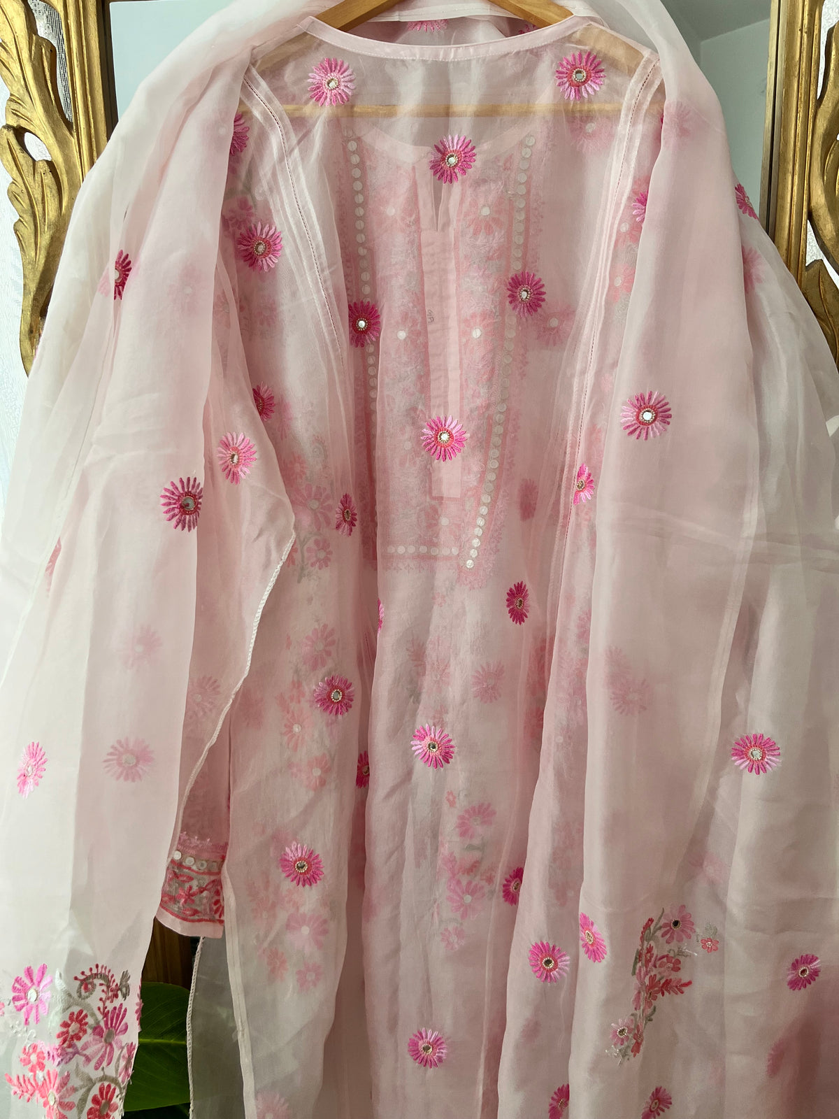Pink Pure Organza Silk Kurta Set with Multi Colour Chikankari and Embellishments