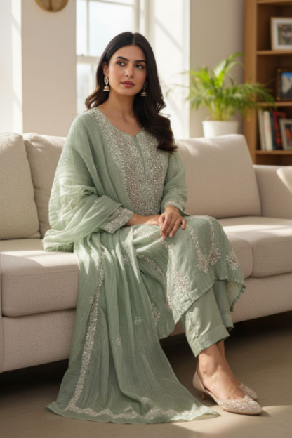 Sage Green Striped Tissue Chanderi Anarkali- Chikankari and embellishments