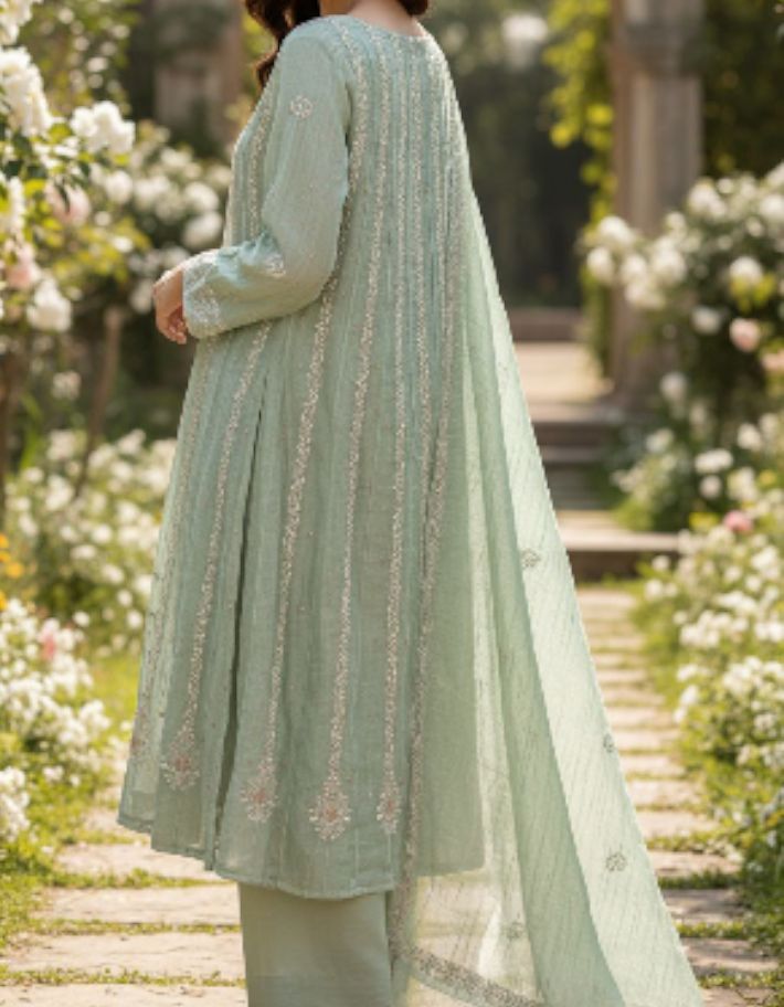 Sage Green Striped Tissue Chanderi Anarkali- Chikankari and embellishments