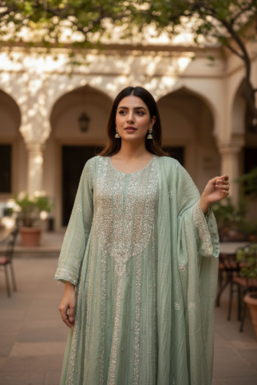 Sage Green Striped Tissue Chanderi Anarkali- Chikankari and embellishments