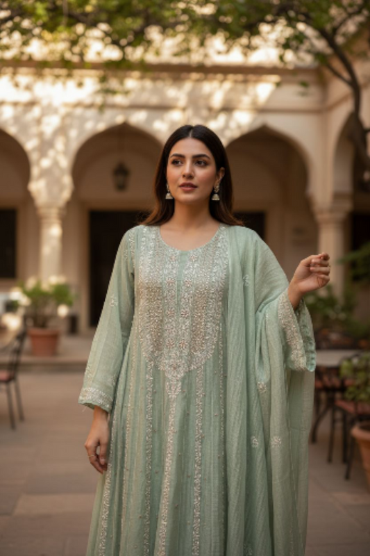 Sage Green Striped Tissue Chanderi Anarkali- Chikankari and embellishments