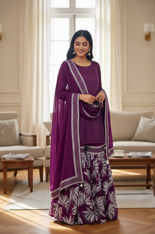 Dark Purple Silk Gharara - Kantha Work