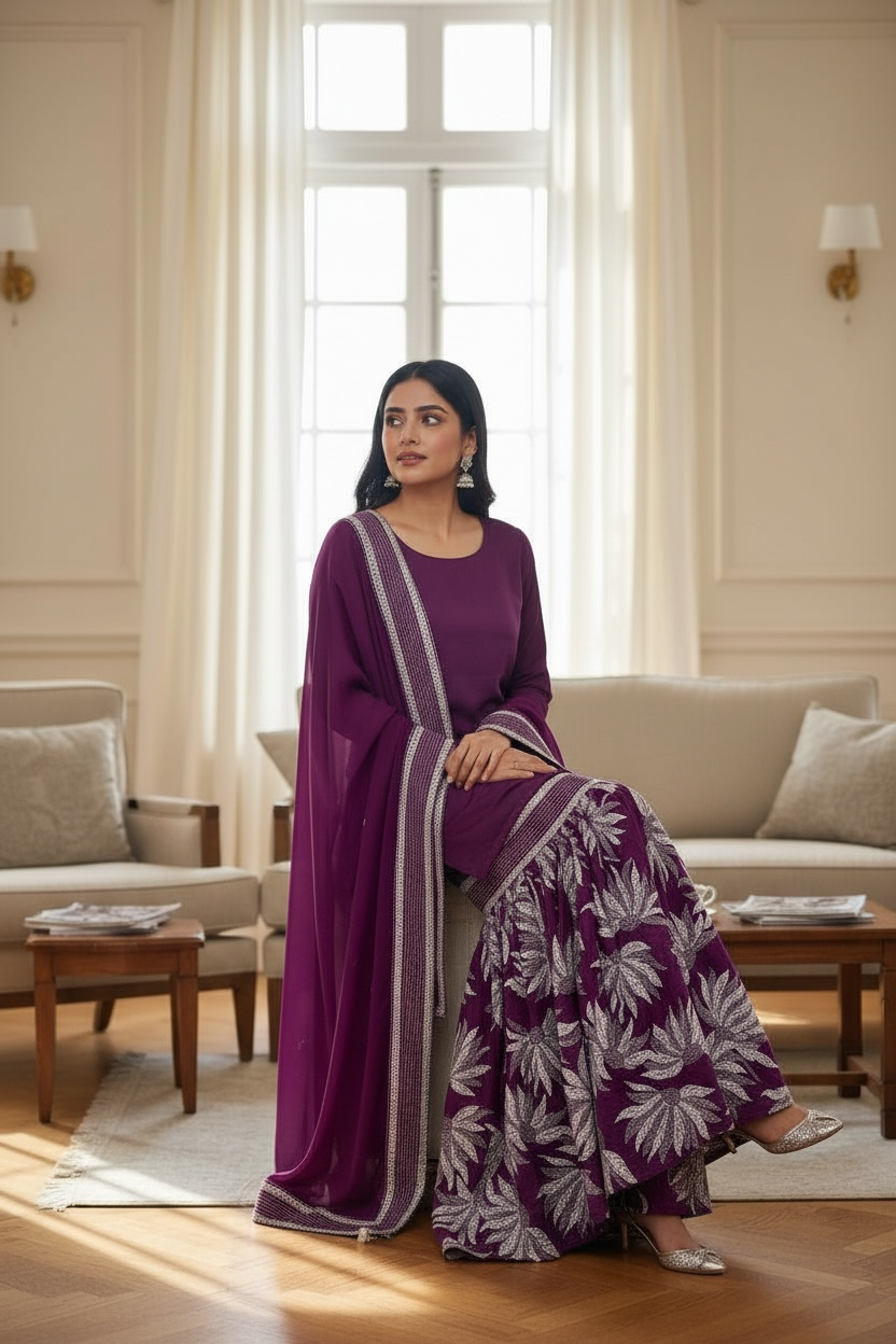 Dark Purple Silk Gharara - Kantha Work