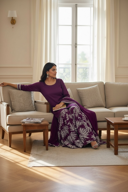 Dark Purple Silk Gharara - Kantha Work