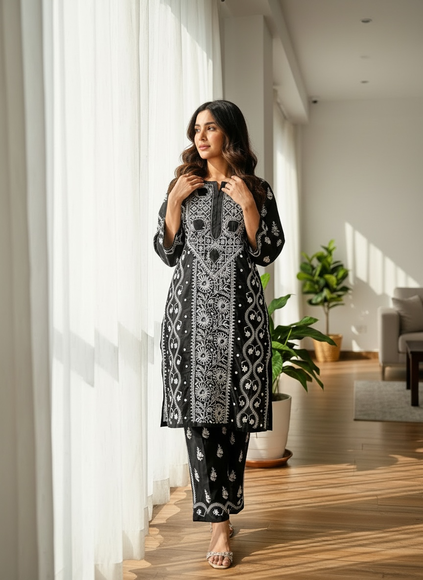 Chanderi Silk Kurta and Pants with Chikankari and Haath Jaali | Ready to Wear | With Lining