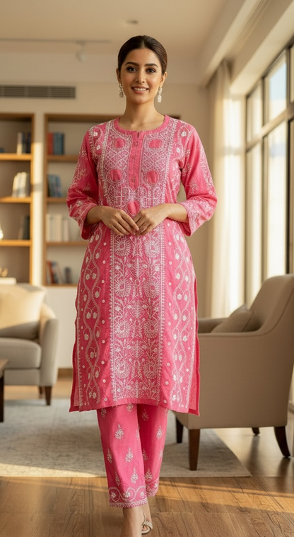 Chanderi Silk Kurta and Pants with Chikankari and Haath Jaali | Ready to Wear | With Lining