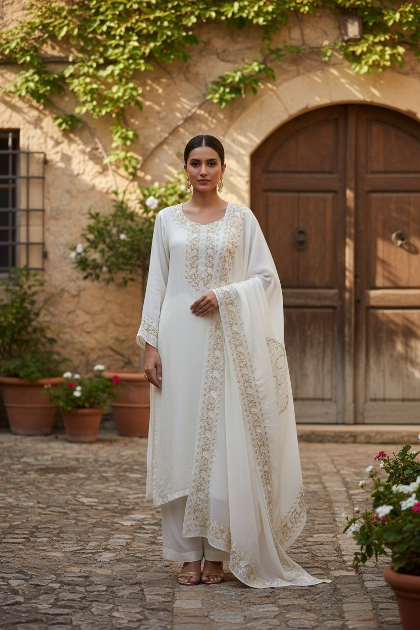 Woman in a white traditional outfit standing in front of a stone building with wooden doors.