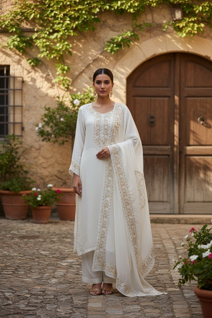 Woman in a white traditional outfit standing in front of a stone building with wooden doors.