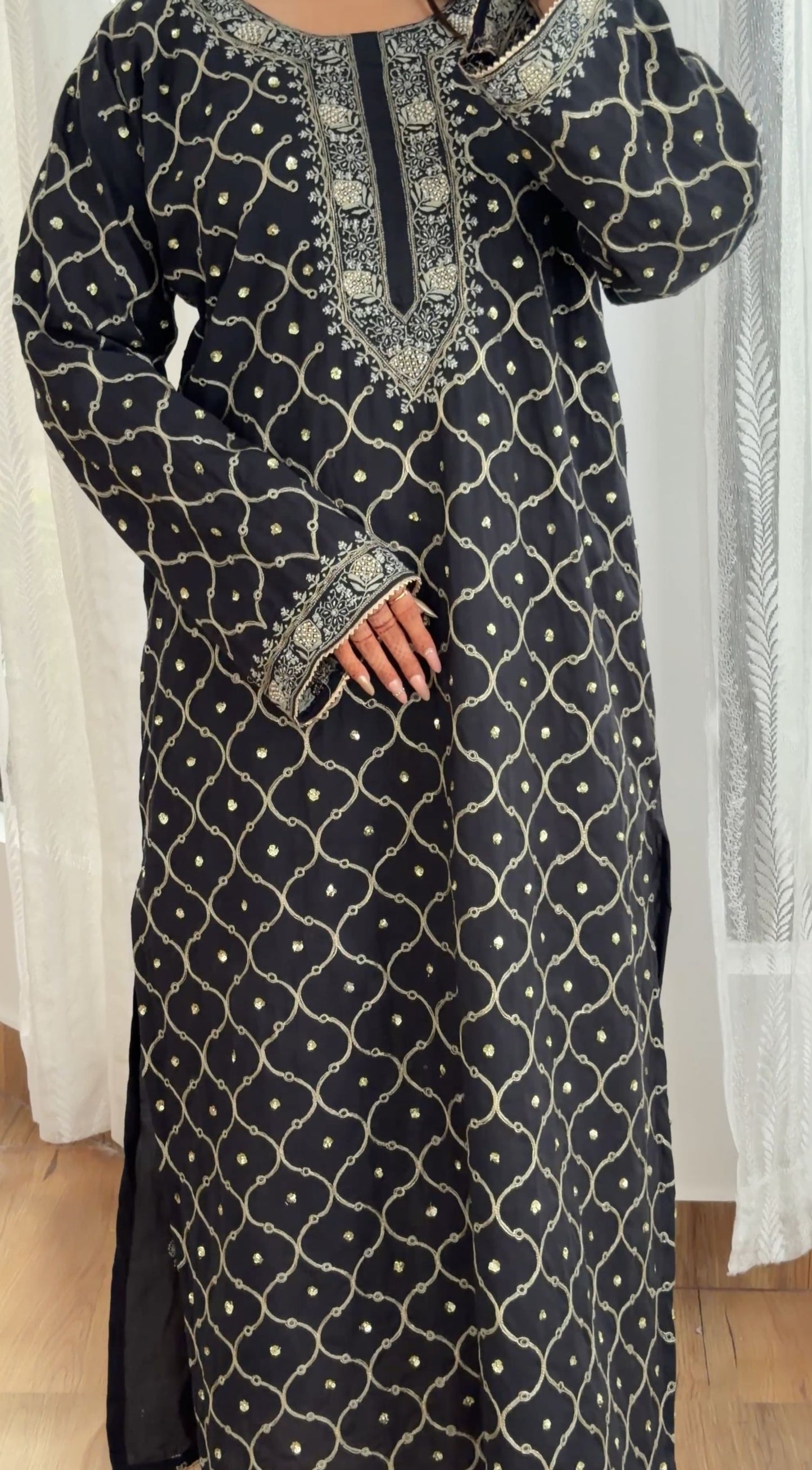 Midnight Elegance: Long Kaftan-Style Kurta with Chikankari, Pearls, and Pitta Zari
