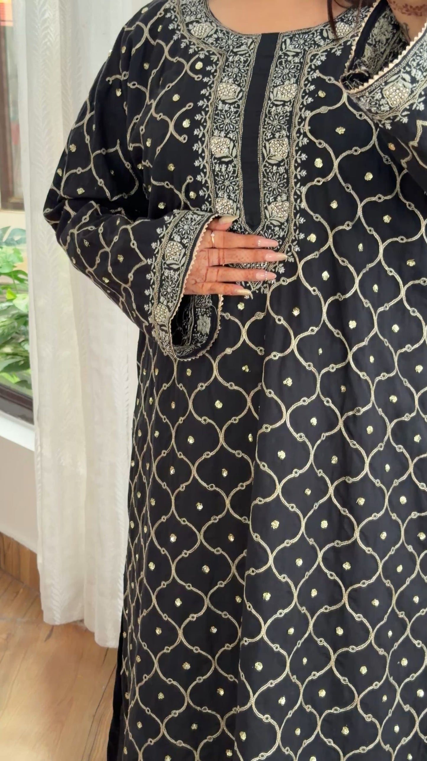 Midnight Elegance: Long Kaftan-Style Kurta with Chikankari, Pearls, and Pitta Zari