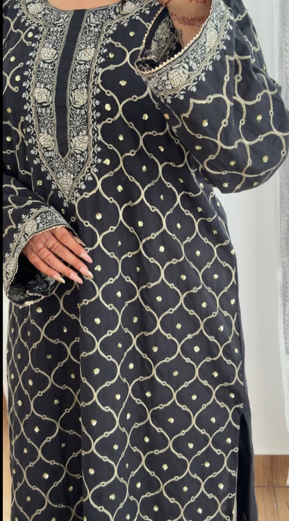 Midnight Elegance: Long Kaftan-Style Kurta with Chikankari, Pearls, and Pitta Zari
