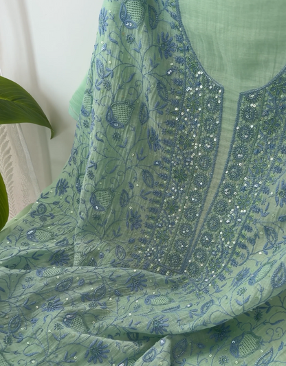 Mint Green Mul Chanderi Chikankari Kurta & Dupatta Set with Sequin Embellishments