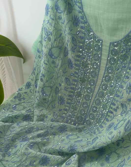 Mint Green Mul Chanderi Chikankari Kurta & Dupatta Set with Sequin Embellishments