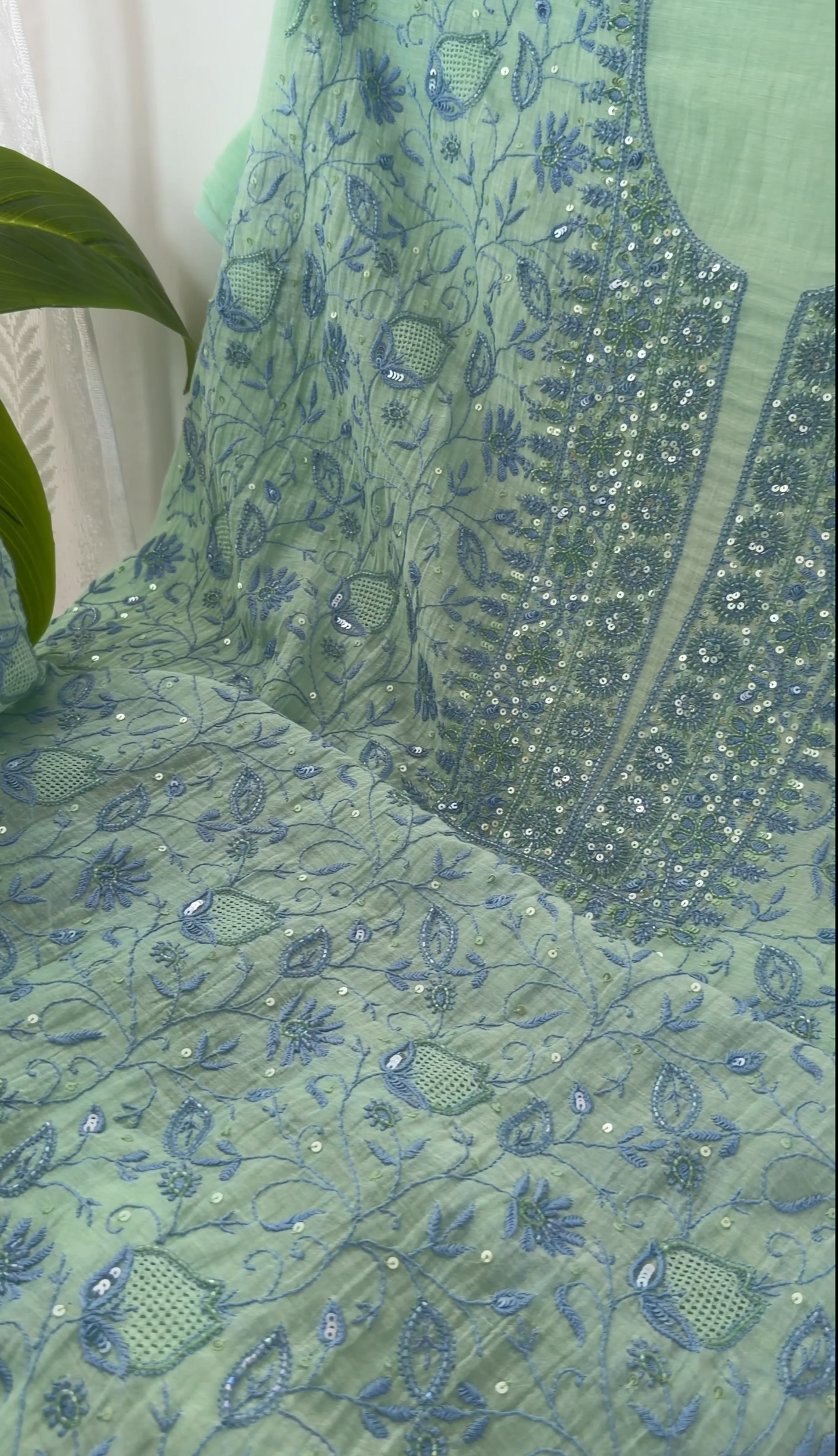 Mint Green Mul Chanderi Chikankari Kurta & Dupatta Set with Sequin Embellishments