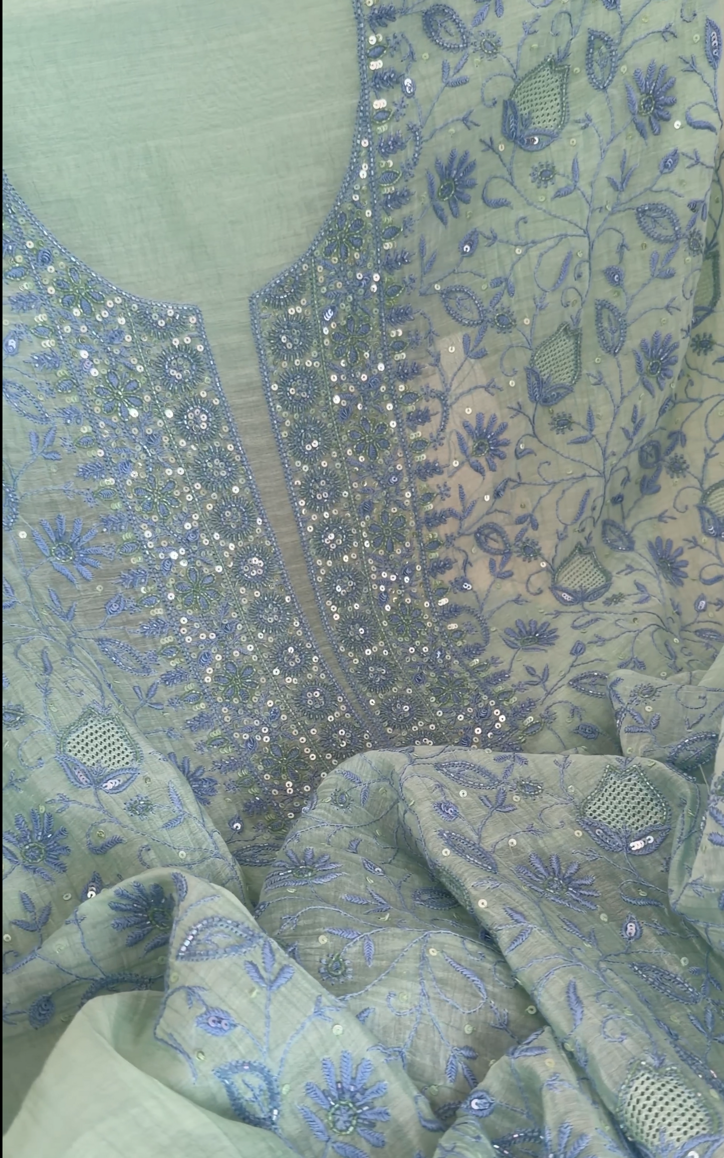 Mint Green Mul Chanderi Chikankari Kurta & Dupatta Set with Sequin Embellishments
