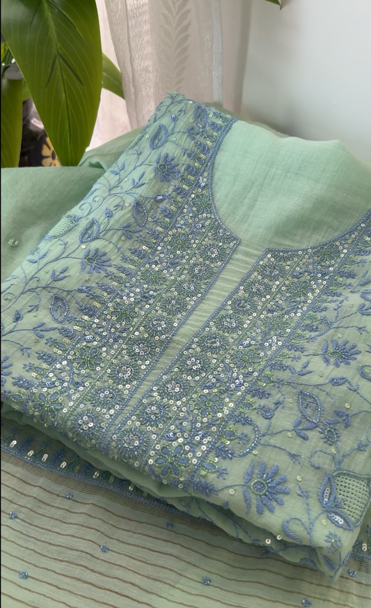 Mint Green Mul Chanderi Chikankari Kurta & Dupatta Set with Sequin Embellishments