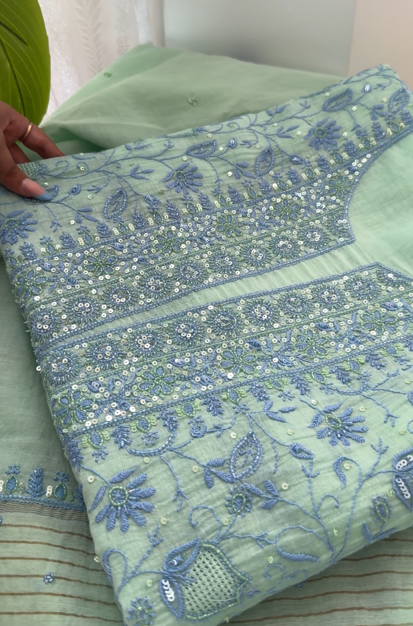 Mint Green Mul Chanderi Chikankari Kurta & Dupatta Set with Sequin Embellishments