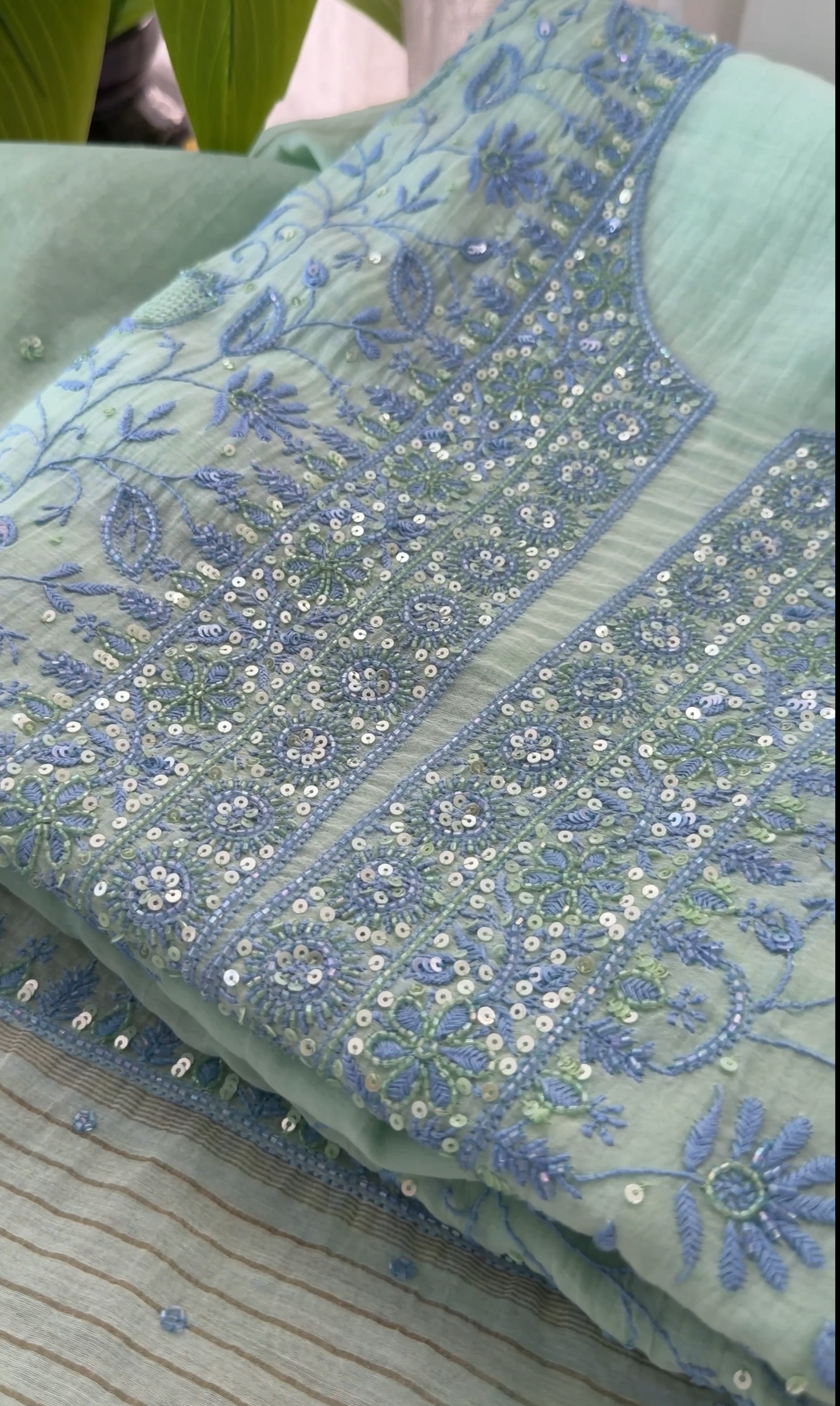 Mint Green Mul Chanderi Chikankari Kurta & Dupatta Set with Sequin Embellishments