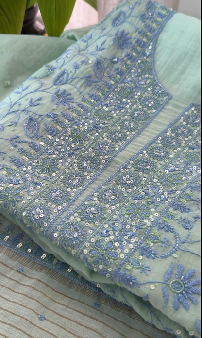 Mint Green Mul Chanderi Chikankari Kurta & Dupatta Set with Sequin Embellishments