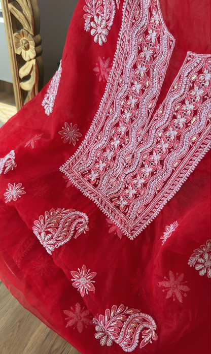Red Organza Chikankari Suit with Pearls