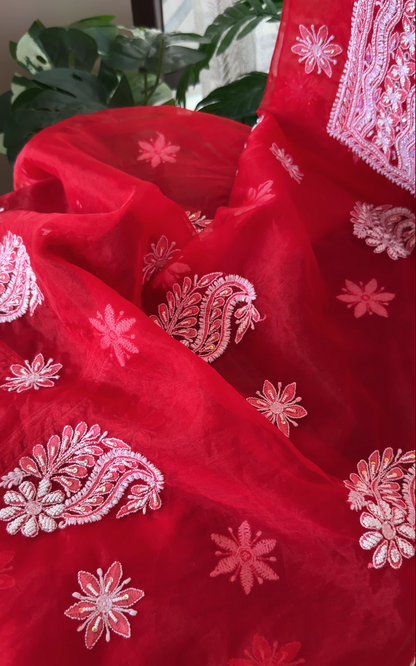 Red Organza Chikankari Suit with Pearls