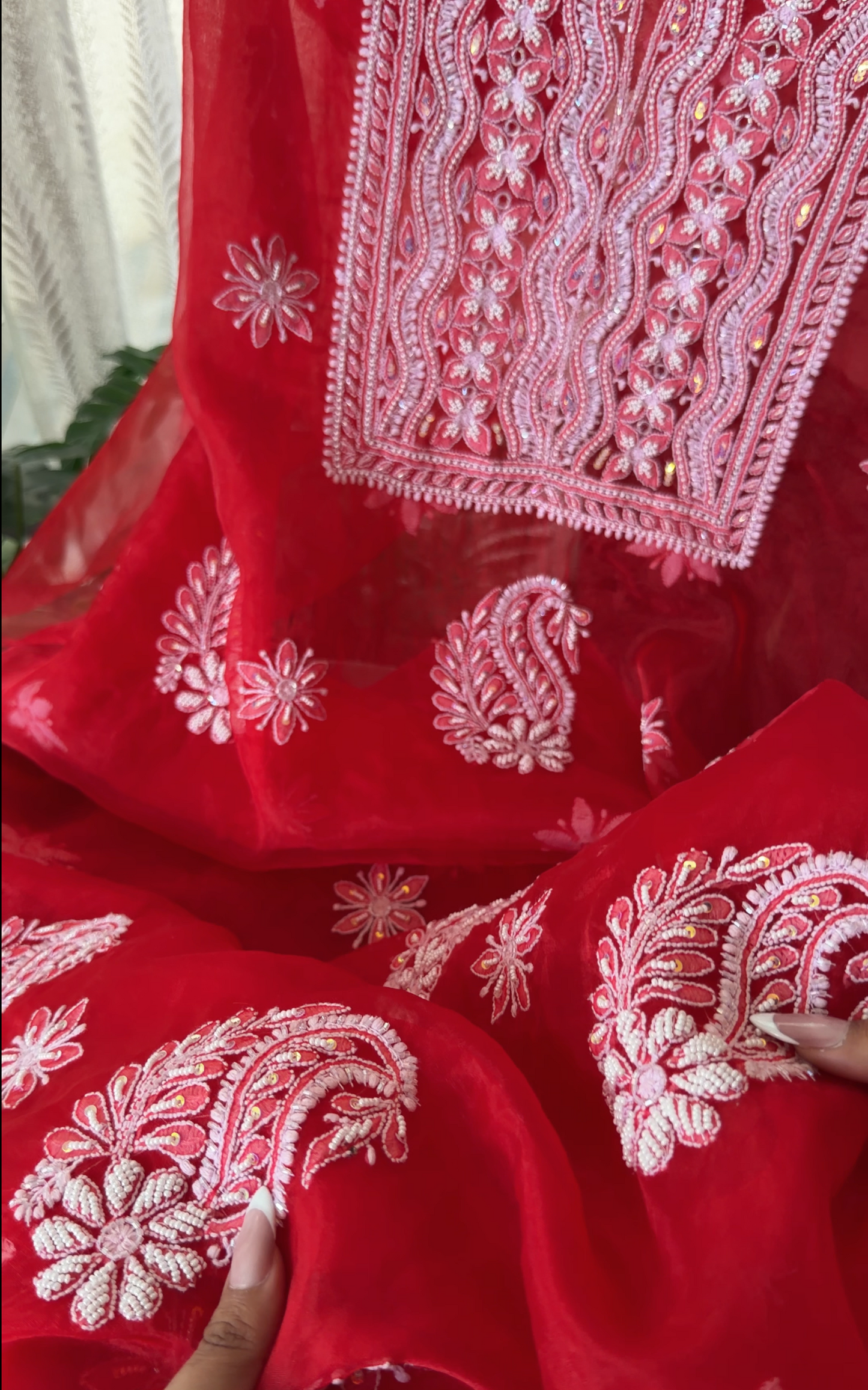Red Organza Chikankari Suit with Pearls