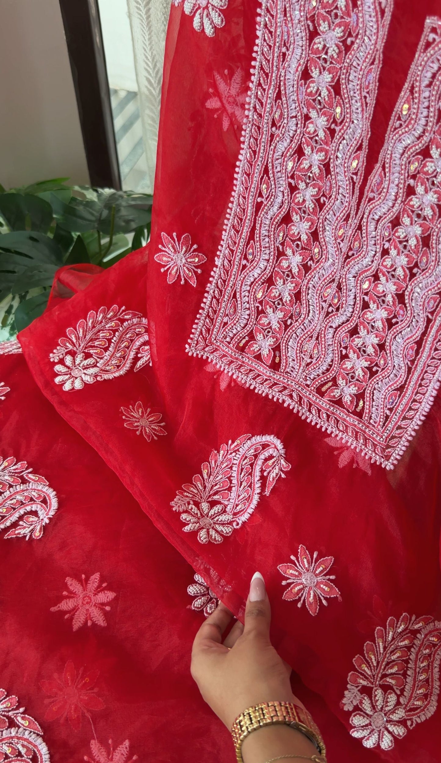 Red Organza Chikankari Suit with Pearls
