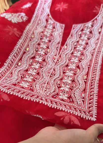 Red Organza Chikankari Suit with Pearls