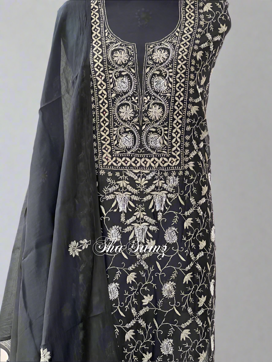 Black and Grey Chikankari Mul Chanderi Suit