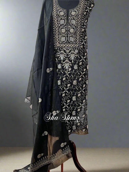 Black and Grey Chikankari Mul Chanderi Suit