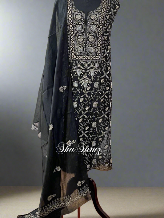 Black and Grey Chikankari Mul Chanderi Suit