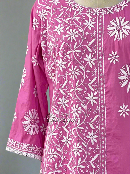 Rose Pink Cotton Kurta with Chikankari