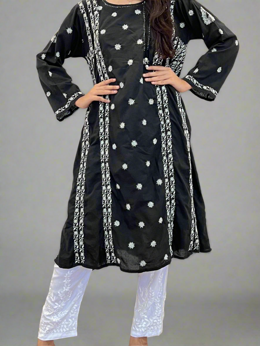 Black Cotton Kalidar with White Do Taar Chikankari & Kamdani
