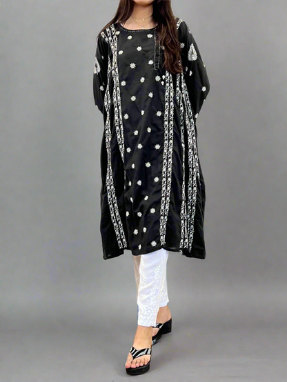 Black Cotton Kalidar with White Do Taar Chikankari & Kamdani