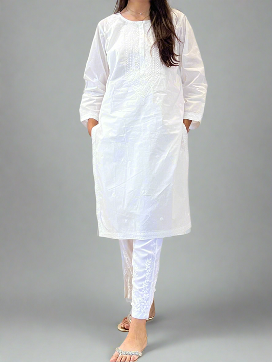 Pearl White Cotton Kurta with Chikankari & Haath Jaali