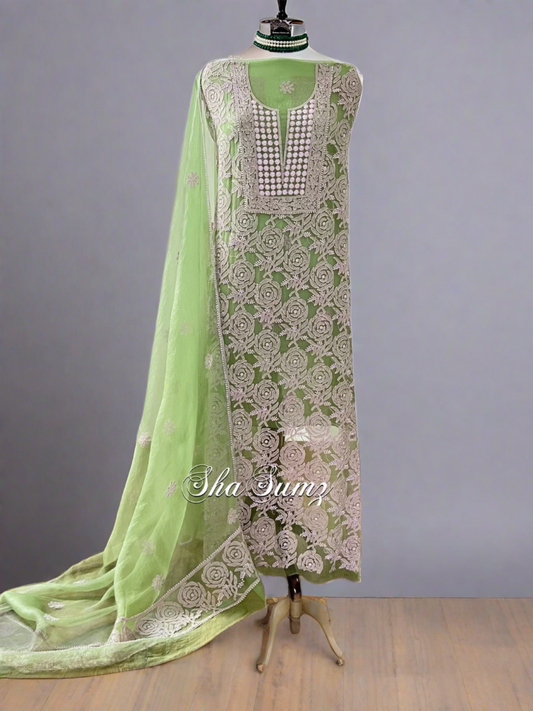 Apple Green Organza Chikan Suit