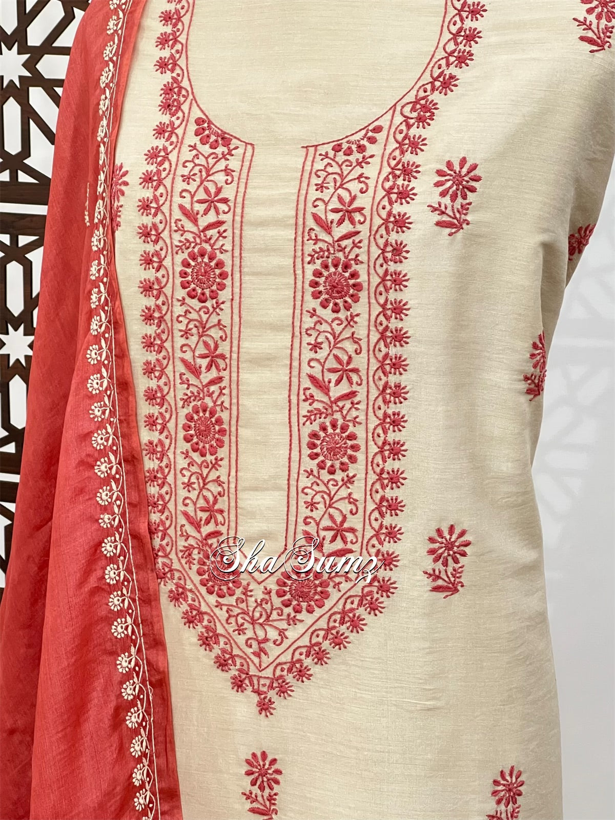 Beige & Rust Muga Silk Chikankari Suit