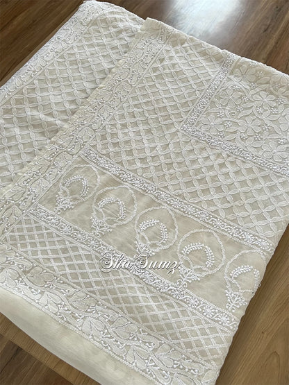 White Pure Georgette Dupatta with Chikankari