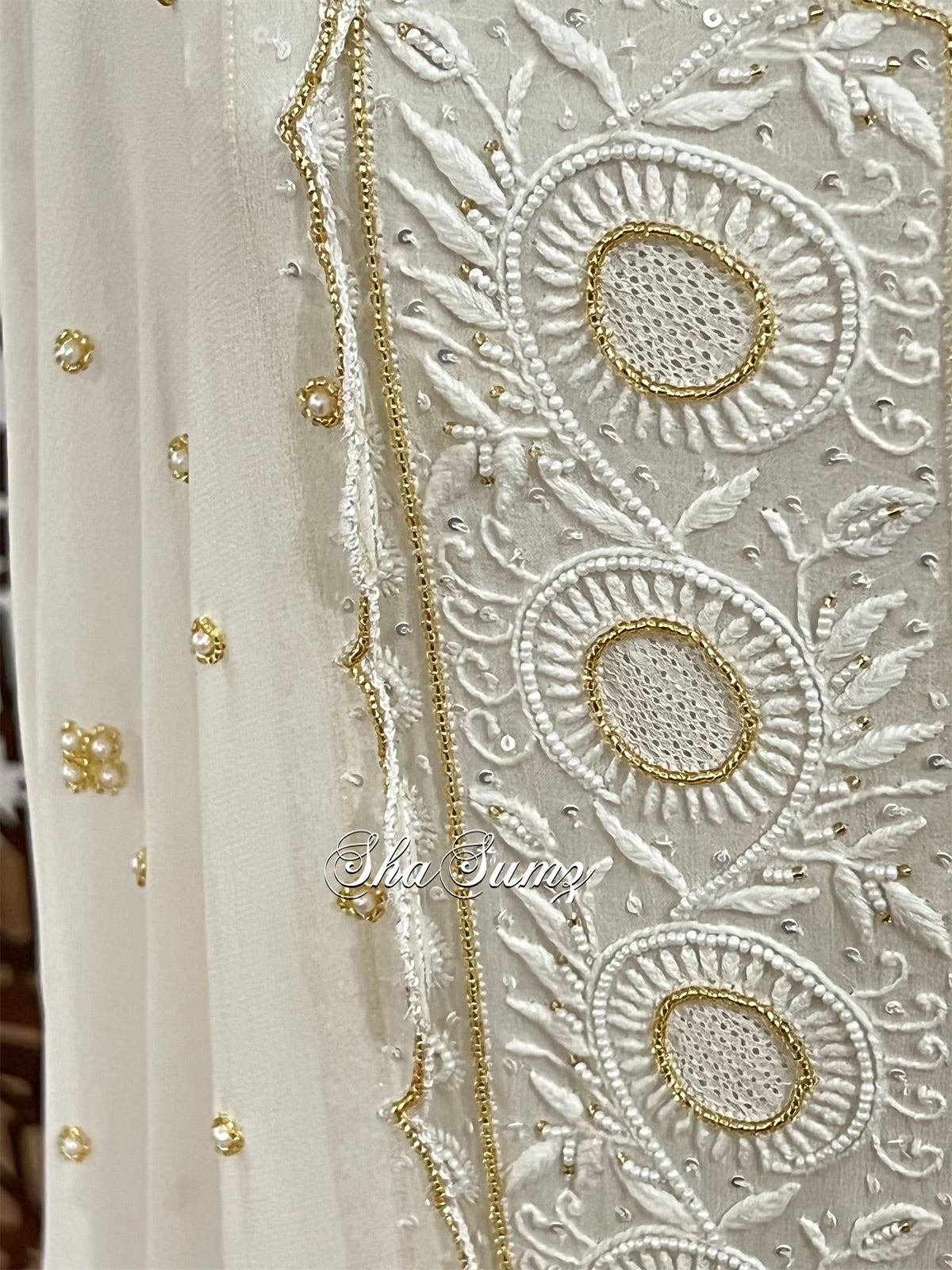 Pearl White Pure Georgette Suit with Chikankari & Embellishments