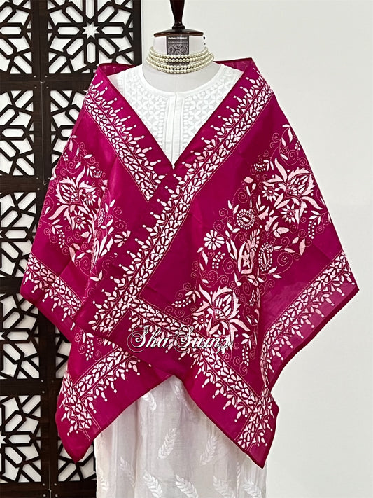 Magenta Pure Silk Stole with Kantha Work