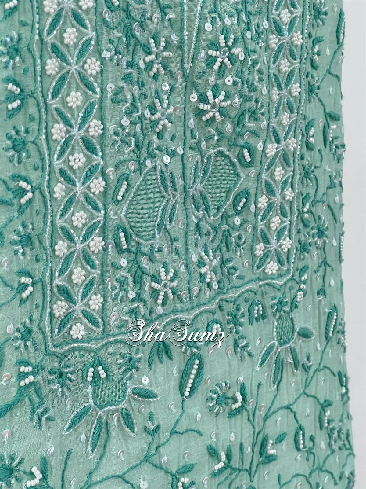 Sea green Mul Chanderi Chikaankari Suit