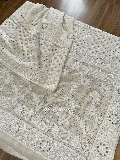 Off White Pure Georgette Dupatta with Chikankari & Mukaish