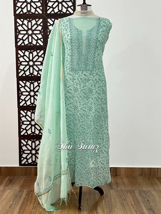 Sea green Mul Chanderi Chikaankari Suit