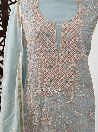 Powder Blue Mul Chanderi Suit with Chikankari & Embellishments