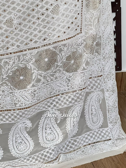 Cream Pure Georgette Dupatta with Chikankari & Mukaish